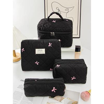 1pc/set black bow quilted makeup bag, bow makeup bag, zipper