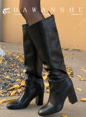 谷爱玲ZA黑色高跟长筒靴女皮靴2025秋冬款粗跟高筒靴子显瘦骑士靴