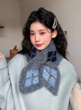 韩版复古拼色菱形交叉针织围巾女冬季2026新款高级感小众保暖围脖
