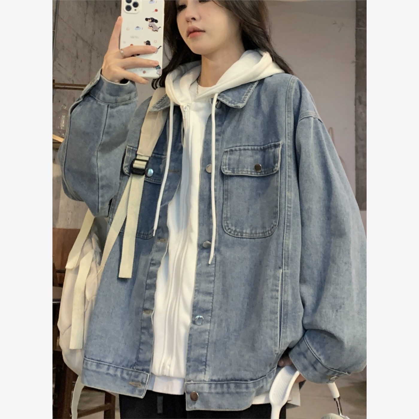 初中生牛仔外套女高中生宽松假两件连帽夹克衫中学生少女秋装上衣