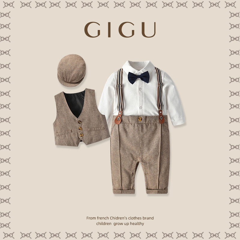 周岁礼服男宝宝小西装绅士英伦风一岁抓周男孩衣服秋百日宴连体衣