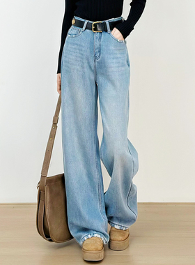 十一Studio极简风高腰直筒加绒牛仔裤宽松显瘦浅色弯刀裤休闲长裤