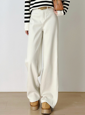 十一Studio极简风浅色系牛仔裤加绒弯刀裤女高腰显瘦拖地裤高级感