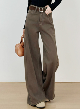 十一Studio老钱风美拉德色系复古高腰加绒阔腿牛仔裤显瘦直筒长裤