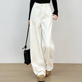 十一Studio高定米白色加绒牛仔弯刀裤 女宽松阔腿显瘦拖地裤 高级感