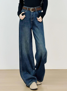 十一Studio高定复古高腰垂感加绒弯刀裤牛仔裤直筒宽松水洗蓝长裤