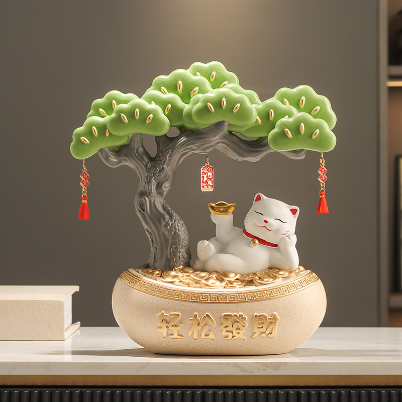 轻奢高级感发财树招财猫摆件客厅玄关酒柜办公室前台桌面装饰乔迁