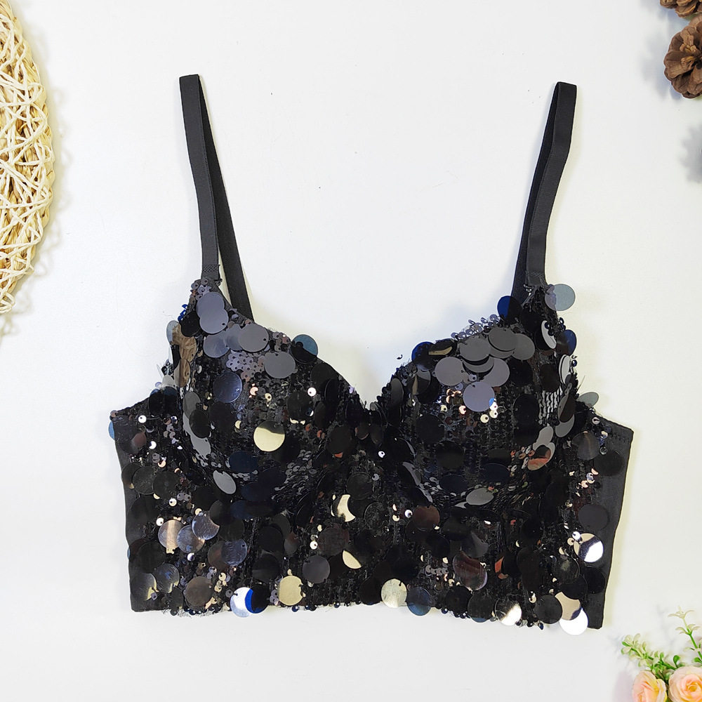 夜店辣妹美背内衣一体式固定杯外穿抹胸短款亮片刺绣露背V领吊带