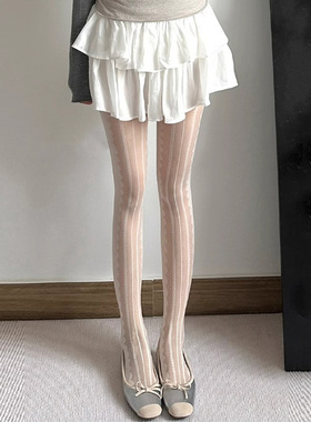 甜美打底y2k灰色竖条纹提花丝袜蕾丝花边显瘦纯欲女薄款连裤袜子