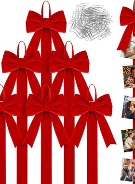 6pcs圣诞卡夹红色天鹅绒蝴蝶结带回形针壁挂图片照片展示圣诞布置