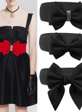 跨境蝴蝶结装饰腰带配裙子镶钻女红色松紧弹力宽腰封百搭收腰加肥