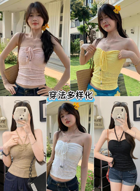 春夏爆款多巴胺纯欲辣妹黄色抹胸绑带挂脖上衣海边度假风拍照裹胸
