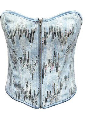 欧美跨境新款蓝色拉链绑带银色亮片女士牛仔抹胸衣腰封束腰
