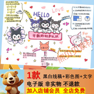 分数的初步认识思维导图小学生三年级数学手抄报模板电子版涂色a4