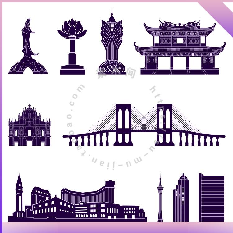 澳门地标性建筑剪影图标 大三巴观光塔新葡京 AI格式矢量设计素材