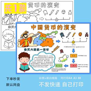 货币发展史手抄报中国货币的演变数学电子版小报黑白线描涂色A34