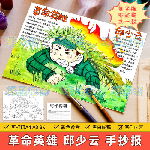 革命英雄邱少云手抄报模板小学生缅怀先烈人物红色故事爱国教育8K