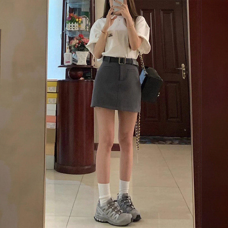 深灰色西装短裙女高腰夏季新款大码胖mm显瘦小个子a字包臀半身裙