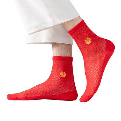 超薄款本命年大红色袜子夏季男士女款男款结婚透气中筒袜夏天大码