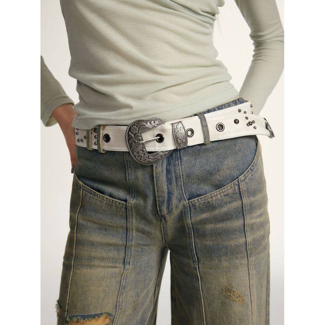 thumbnail for Design retro heavy industry metal rivet tricolor belt design sense versatile waist chain belt