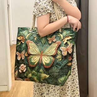 双面金丝刺绣可爱兔子单肩帆布包手拎外出大容量手提包学习补习袋