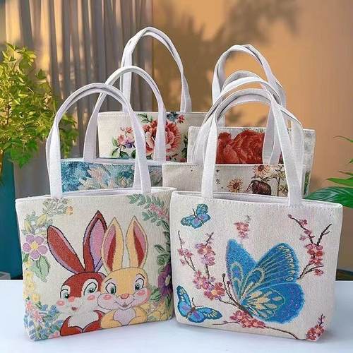 民族风双面金丝手提帆布小包耐磨时尚百搭款刺绣带拉链手提包手拎