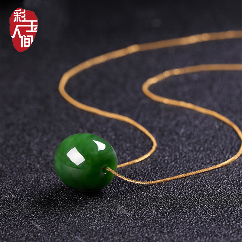 和田玉转运珠路路通项链挂件碧玉S925银菠菜绿女款锁骨链吊坠简约