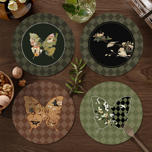 中古风蝴蝶餐桌隔热垫圆形小餐垫免洗防水防油碗垫盘垫水杯垫子