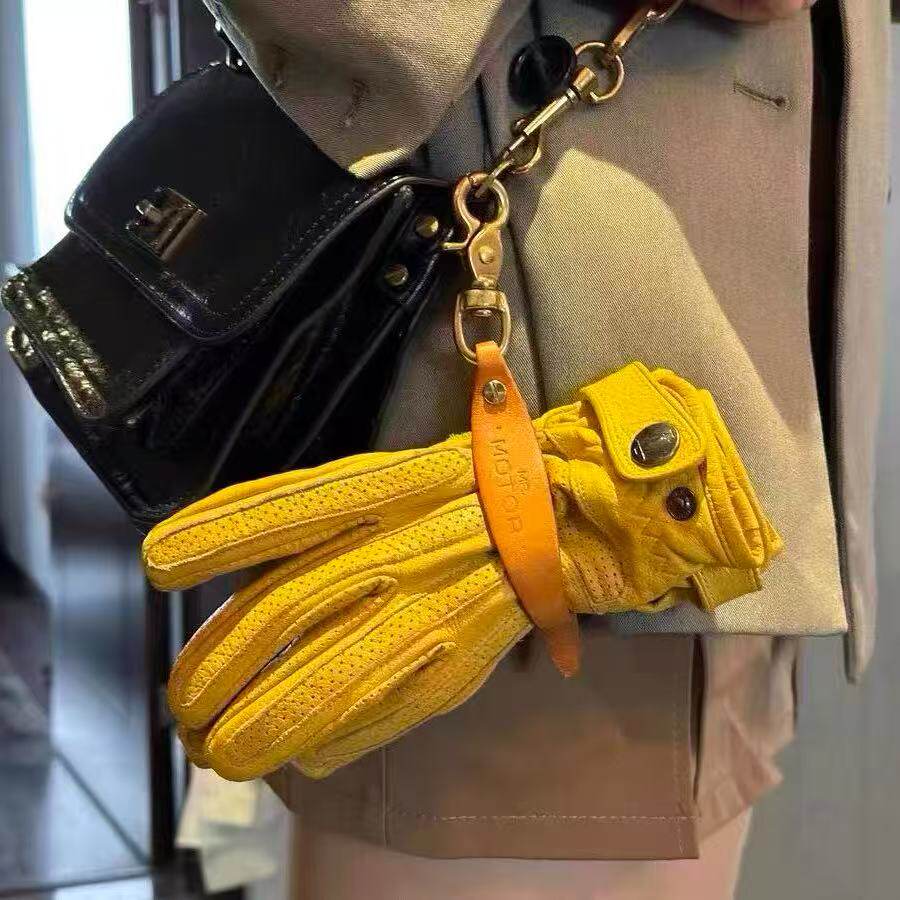 摩托车复古机车手套防摔骑士骑行哈雷触屏男女真皮透气黄色踏板