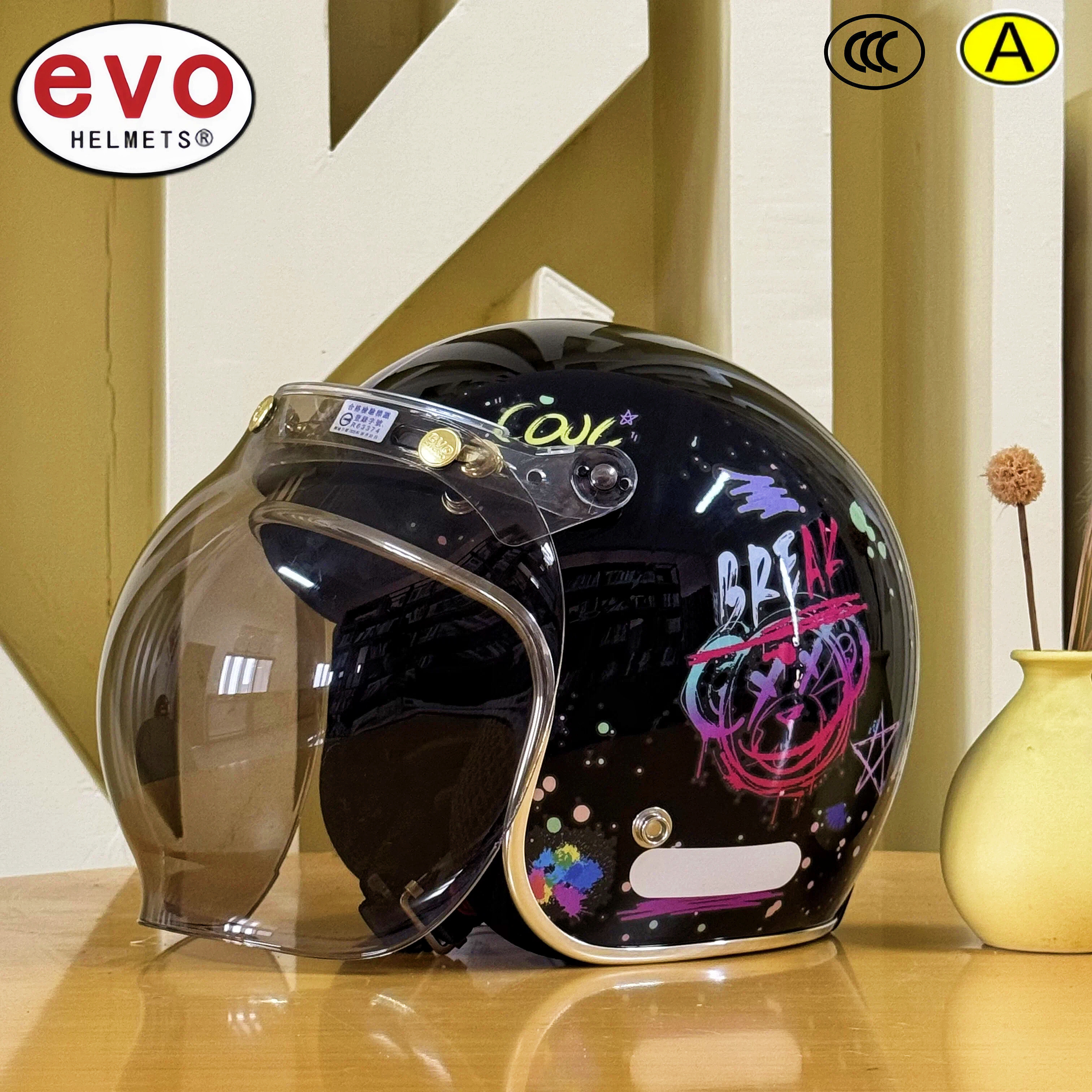 台湾evo摩托车头盔43盔半盔复古巡航男女春秋四三盔涂鸦xx熊半盔