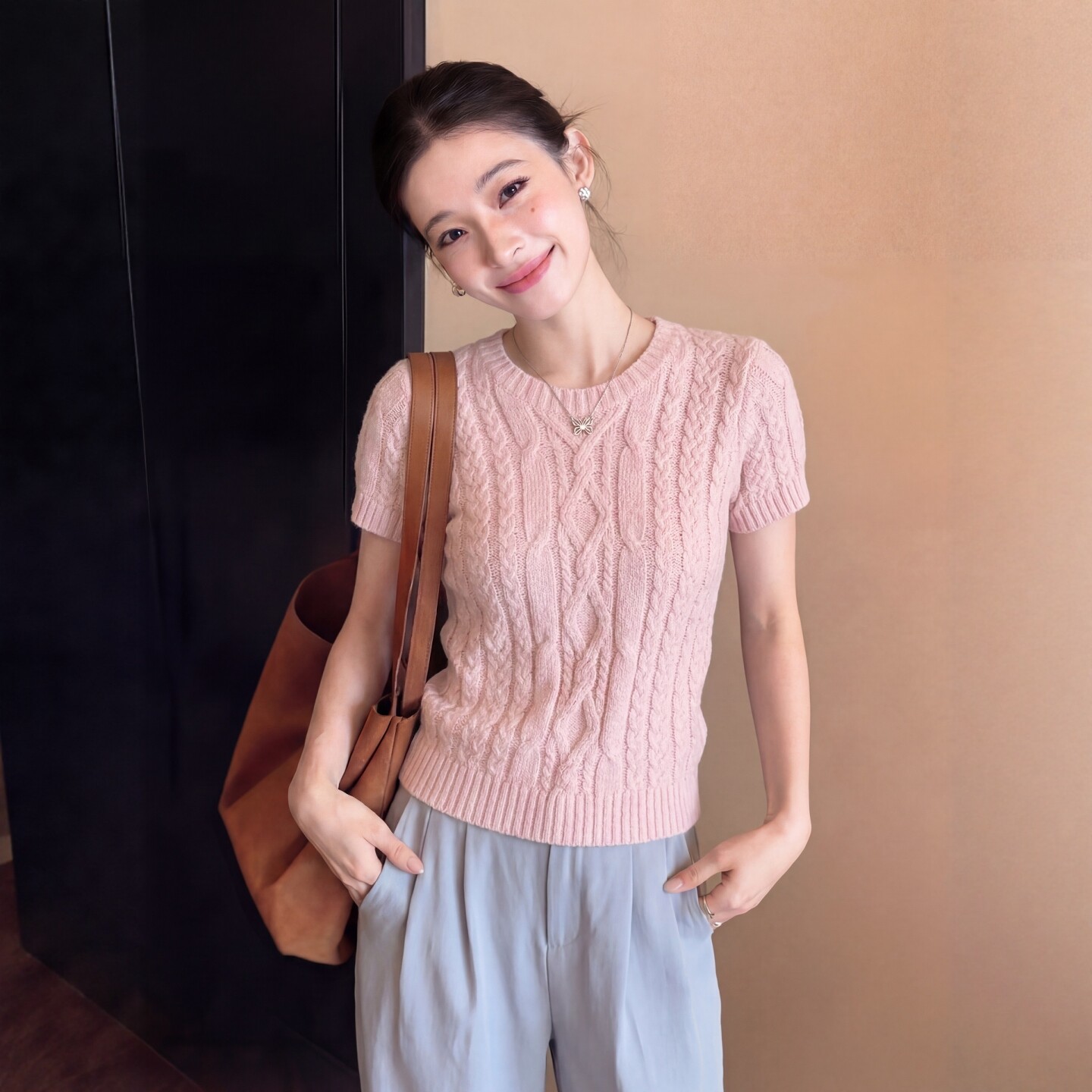 韩系chic粉色绞花针织短袖t恤女夏季穿搭超好看独特漂亮miu系上衣