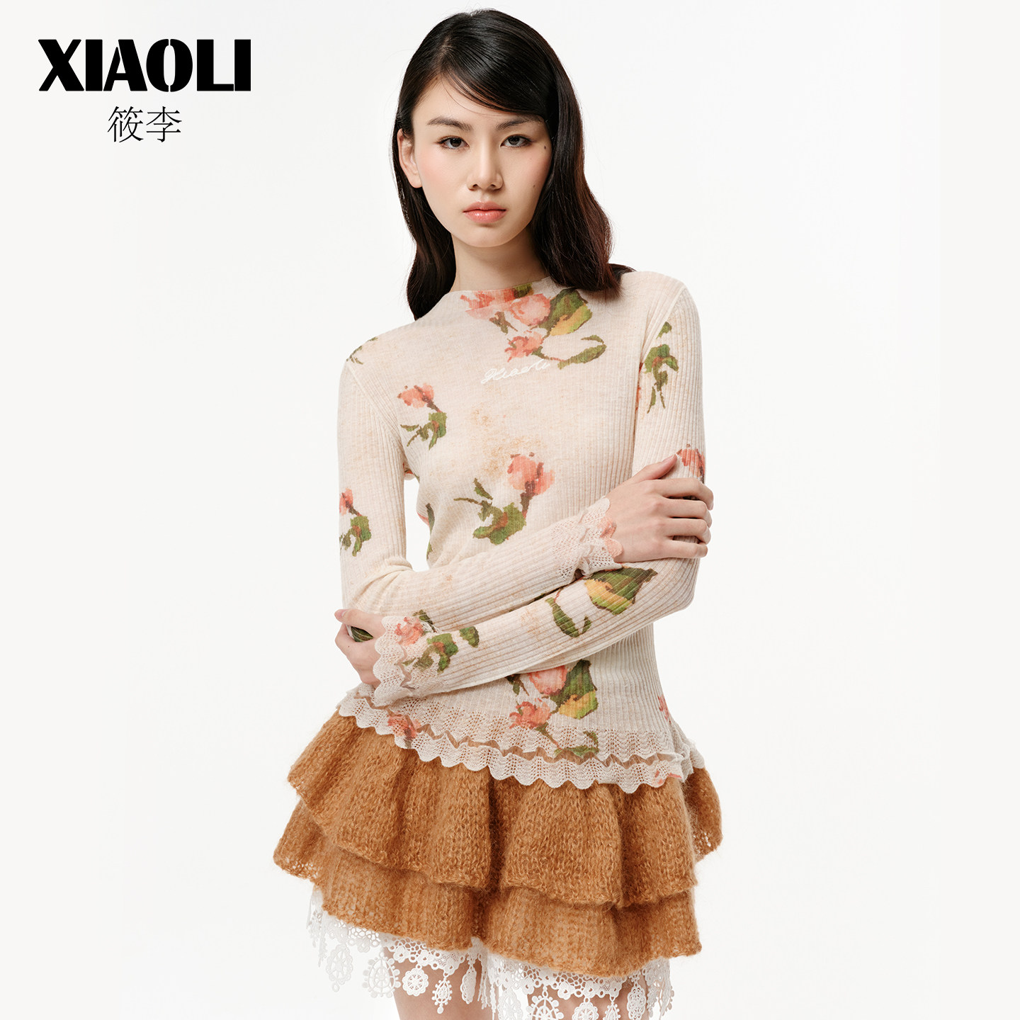 【XIAOLI筱李】链条绣logo印花羊毛小高领针织打底衫25秋