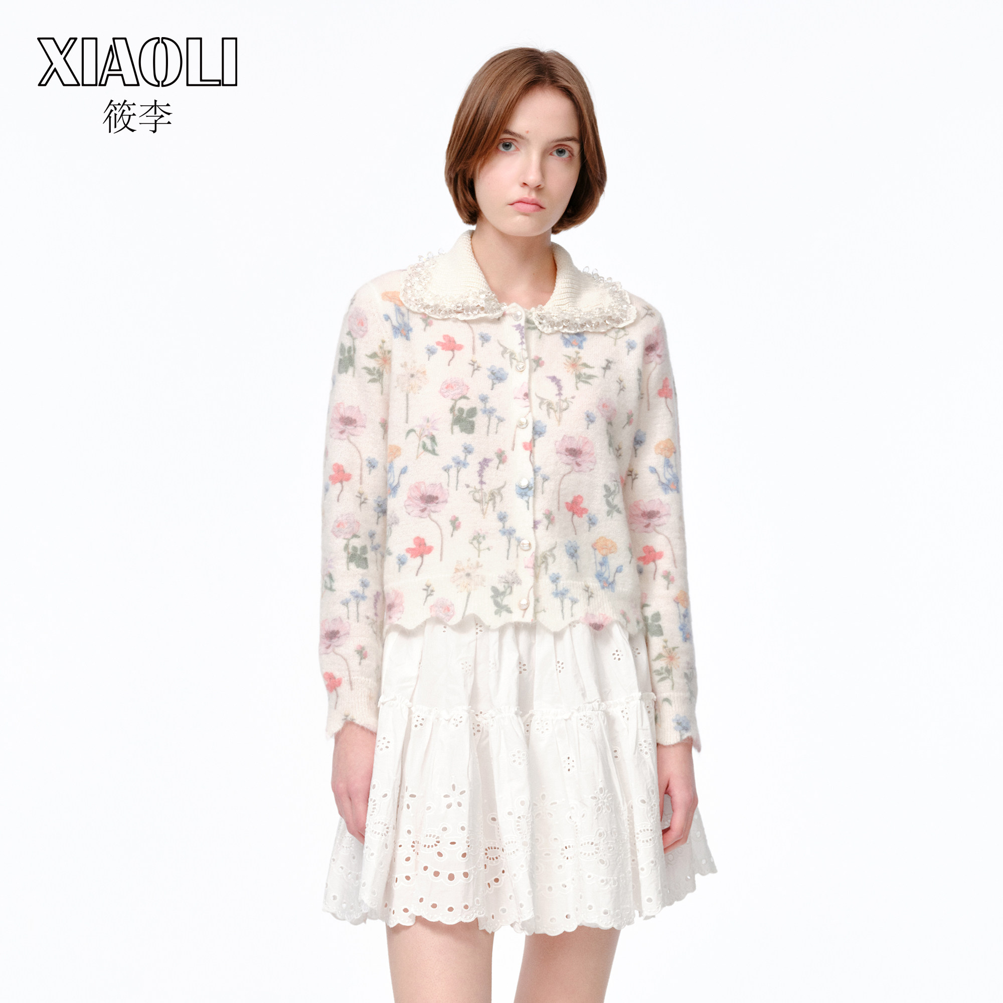 【设计师品牌XIAOLI筱李】繁花系列手工编织仿水晶领修身针织开