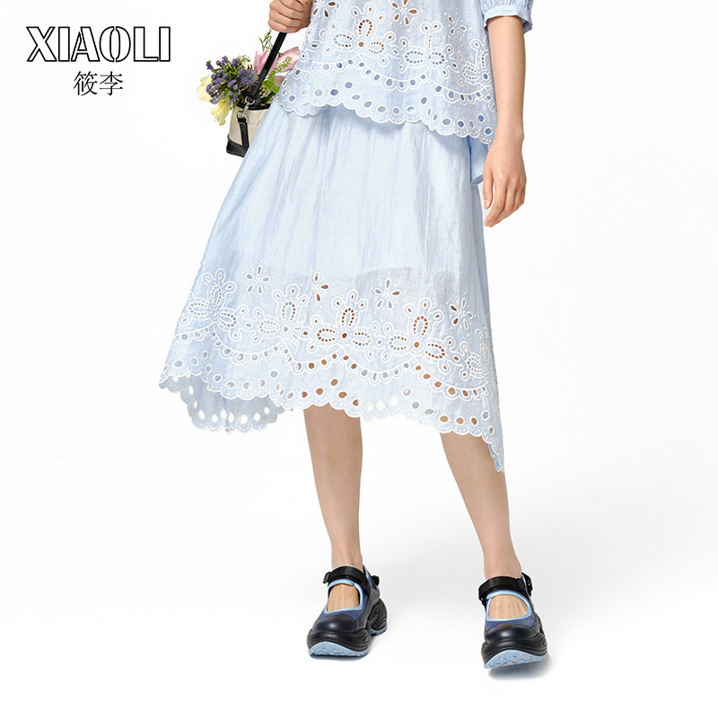 【XIAOLI筱李】24春夏新品蓝色亚麻蕾丝镂空刺绣半裙中长裙