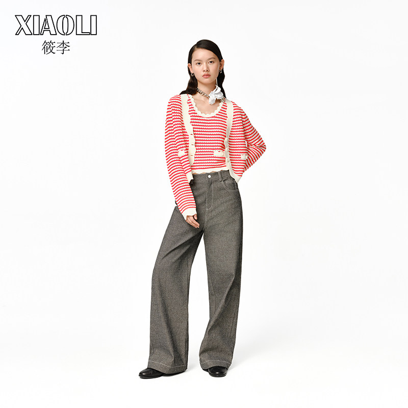 【限定款】XIAOLI筱李设计师款红白撞色波浪条纹针织开衫短外套