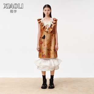 饰连衣裙25秋冬新品 度假风休闲百搭卡其印花蕾丝装 XIAOLI筱李
