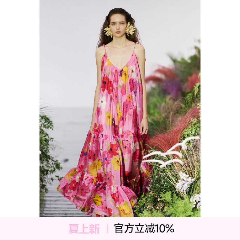 XIAOLI筱李 夏季新款桑蚕丝度假风时尚印花吊带连衣裙/衬衫/