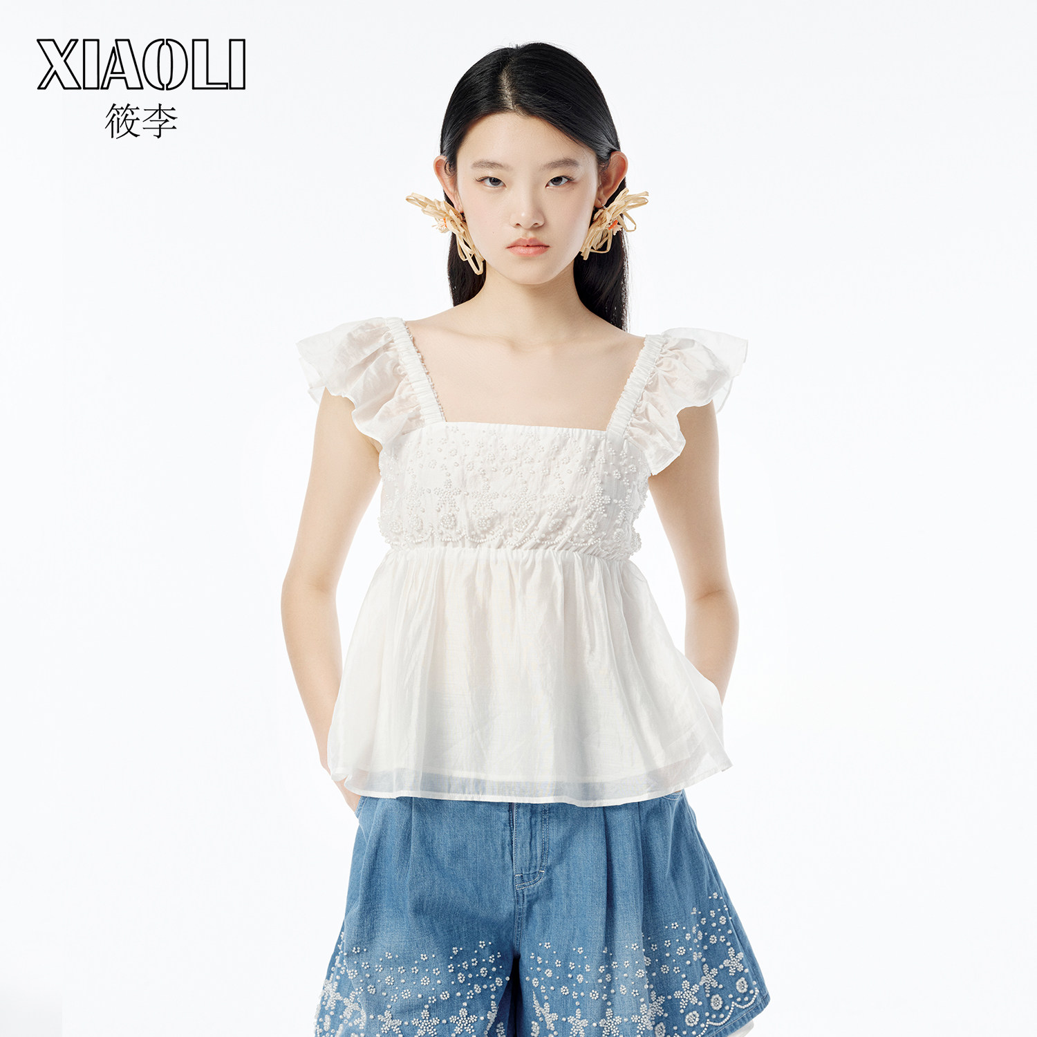 【XIAOLI筱李】胶囊系列设计师款钉珠小飞袖吊带上衣