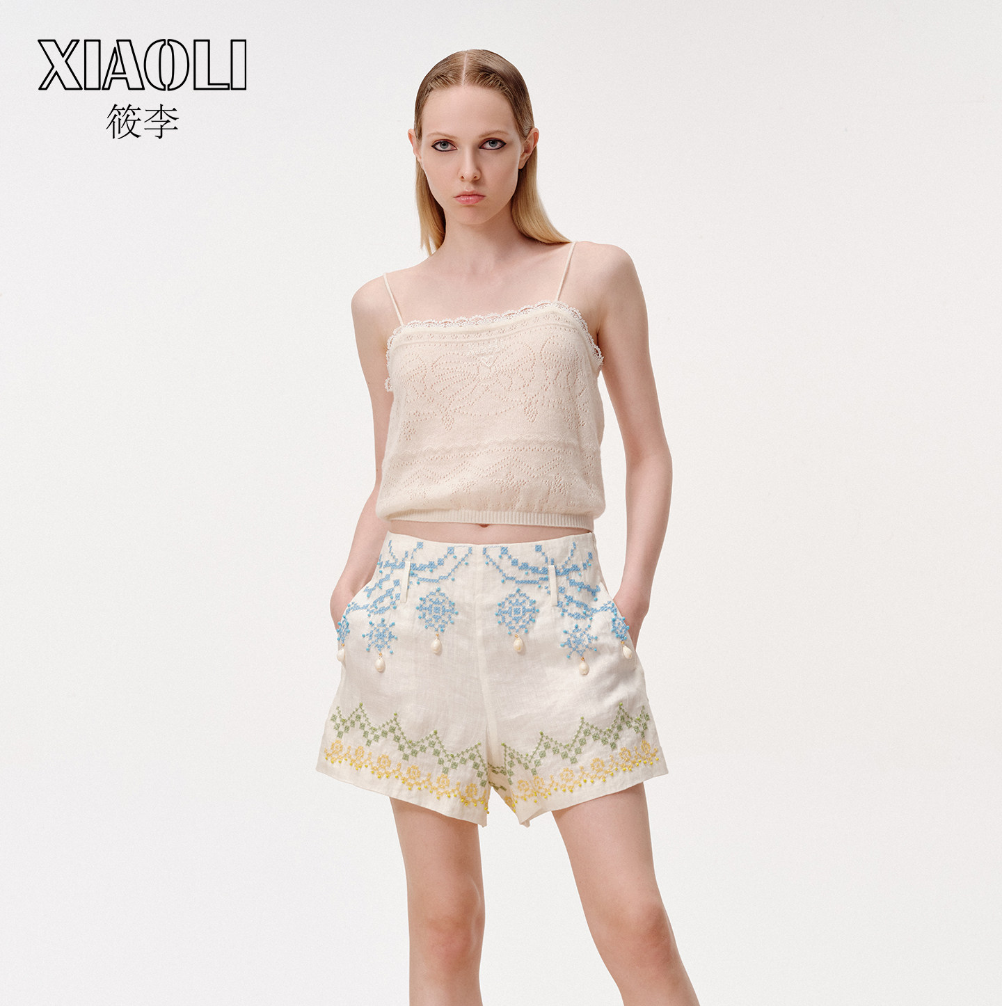 【XIAOLI筱李】奶白色丝羊绒挑孔短款百搭针织吊带背心25秋冬