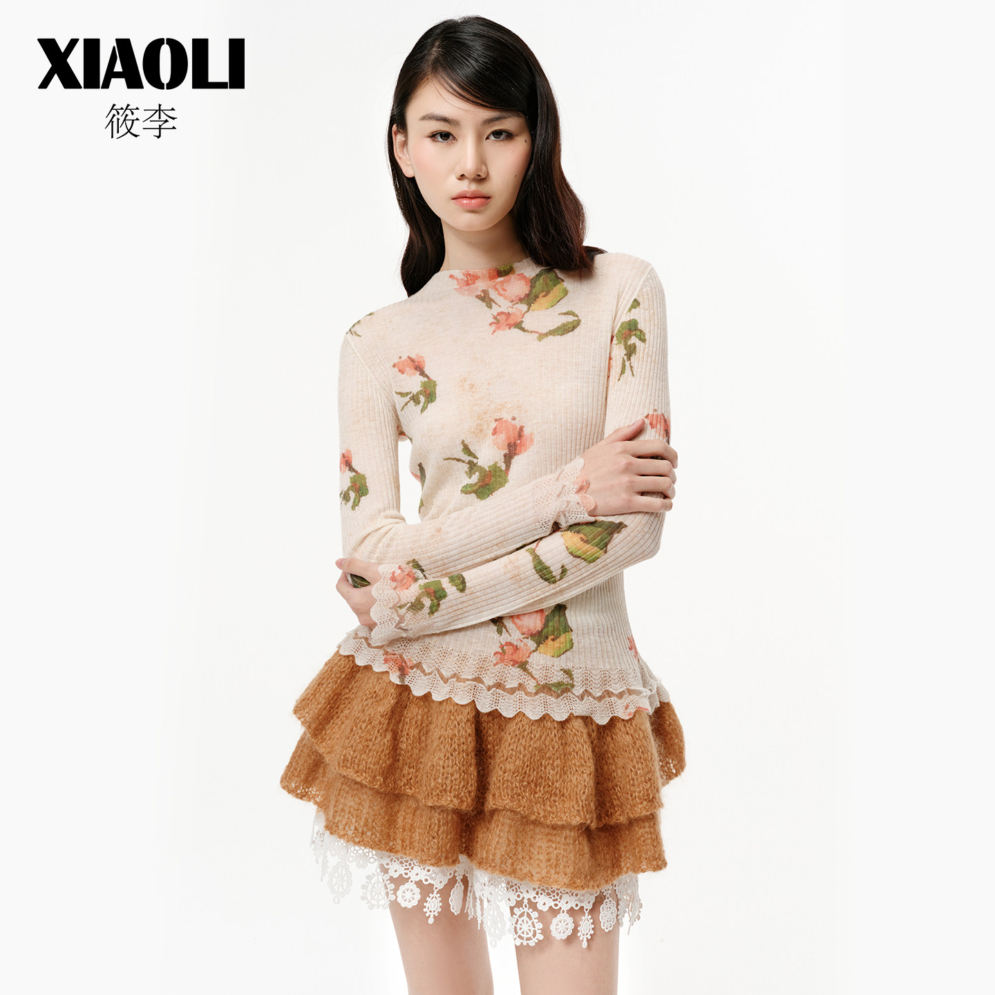 XIAOLI筱李印花羊毛高领针织圆领长袖打底衫春夏新品