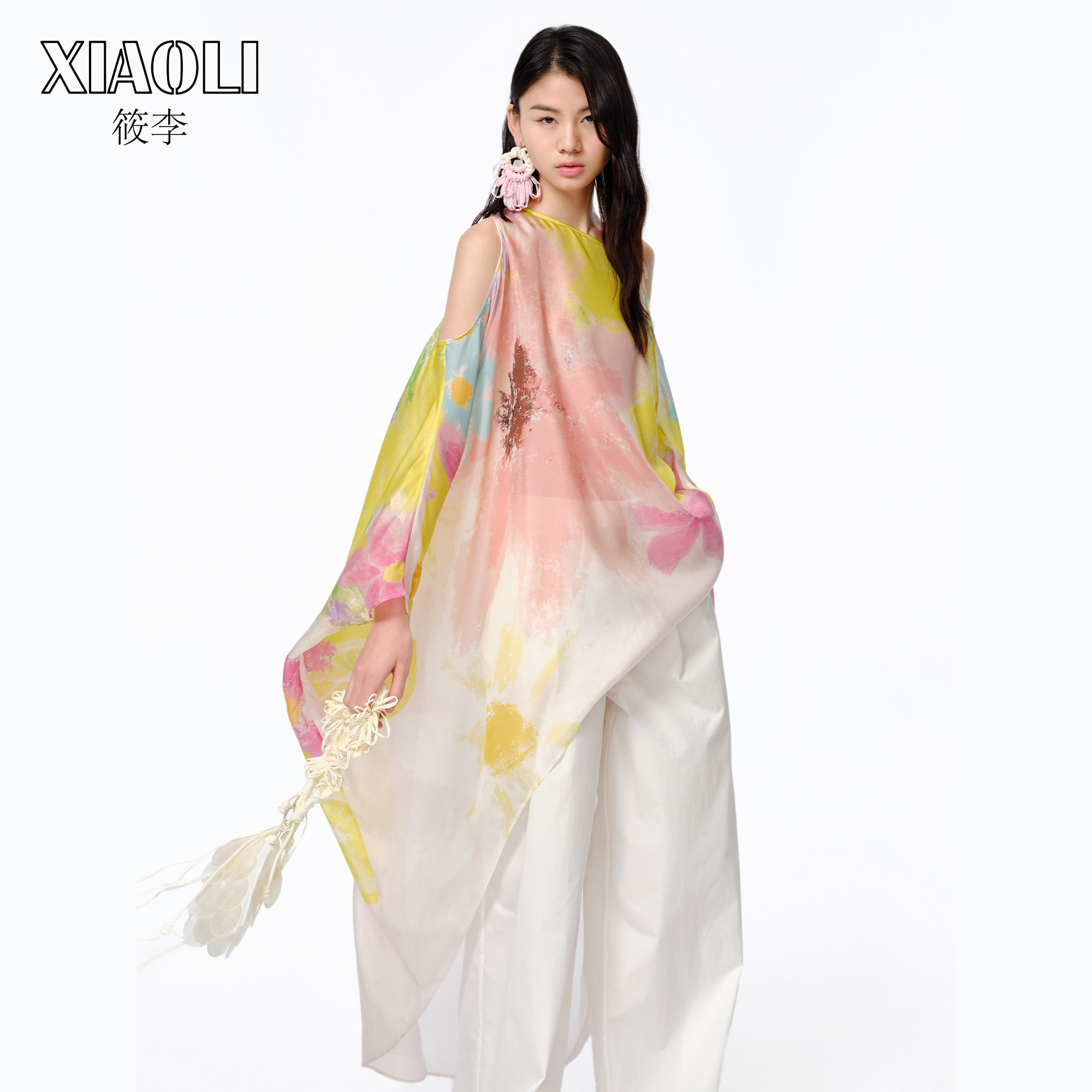 XIAOLI筱李 春夏秀款印花真丝度假露肩连衣裙