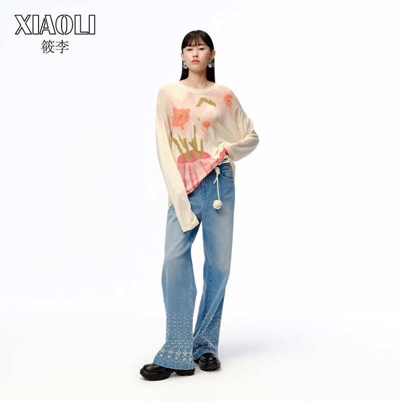 姜贞羽同款XIAOLI筱李莫奈印象印花羊毛针织长袖T恤春季新品女