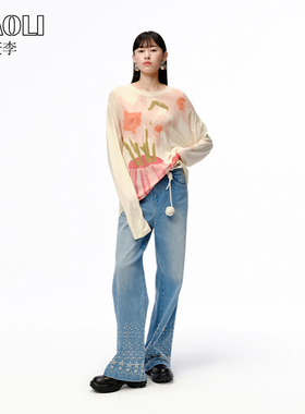姜贞羽同款XIAOLI筱李莫奈印象印花羊毛针织长袖T恤春季新品女