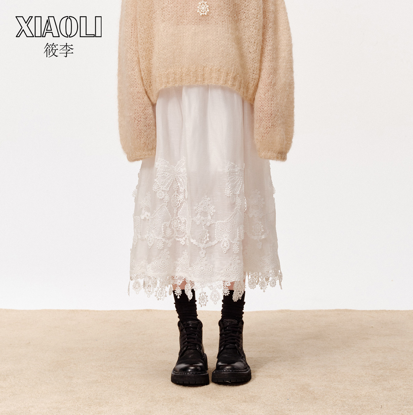 【XIAOLI筱李】早春新品百搭度假风褶皱A字白色蕾丝花边半身裙