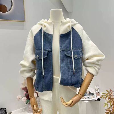 2025学院风连帽休闲牛仔拼接外套