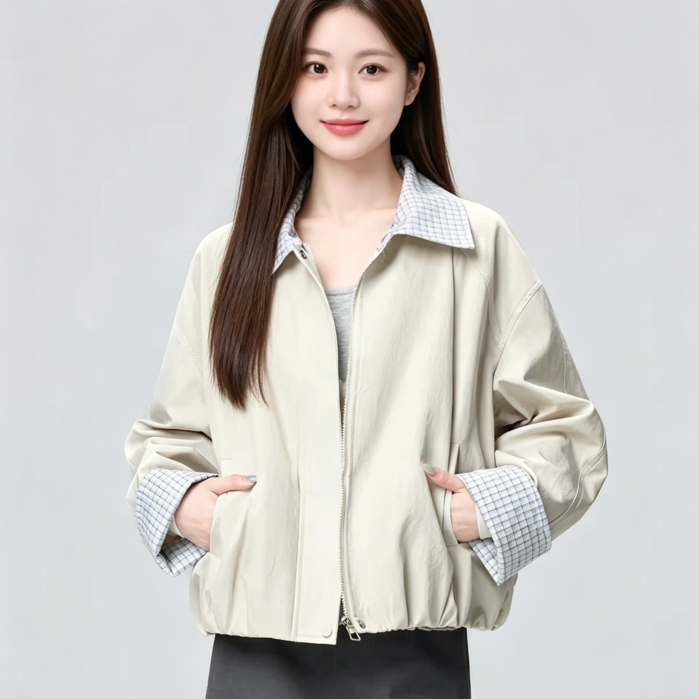 2026新款杏色格子飞行员夹克女