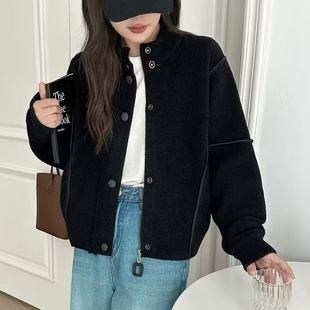 韩里韩气时尚高级感短款外套女2025新款秋冬女装黑色拼接毛呢上衣