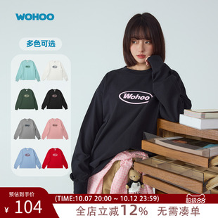 WOHOO纯棉韩系多巴胺圆领印花长袖t恤男女款2026新款春秋休闲上衣