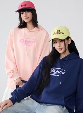 WOHOO连帽简约印花套头卫衣男女早秋潮牌情侣装重磅纯色套头帽衫