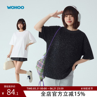 wohoo潮牌基础款满天星闪银亮片纯棉短袖T恤男女个性夏季上衣